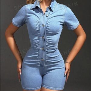 SHEIN sexy summer denim slim fit jumpsuit with front buttons